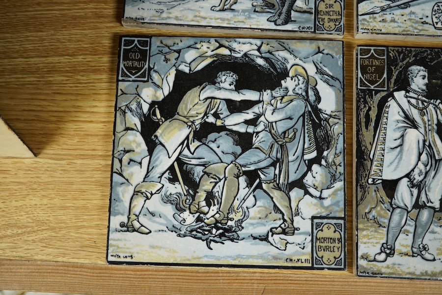 A set of four Minton tiles designed by John Moyr Smith (1839-1912), to include Nigel & King James and Sir Kenneth & the Dwarves, each 15 x 15cm. Condition -fair/good